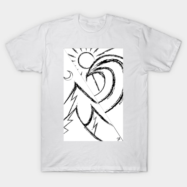 mountains at night on one side, the sunny beach with surf on the other black lines white background T-Shirt by JDP Designs